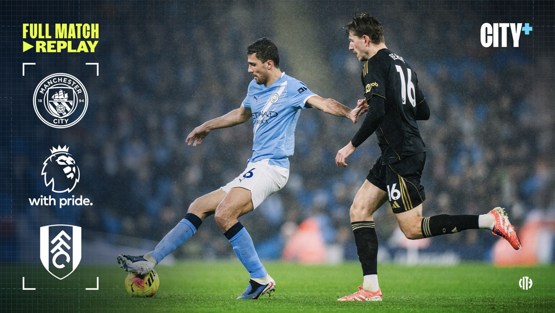 Two soccer players in action during a match between Manchester City and Fulham, featuring logos of the Premier League and City Plus.