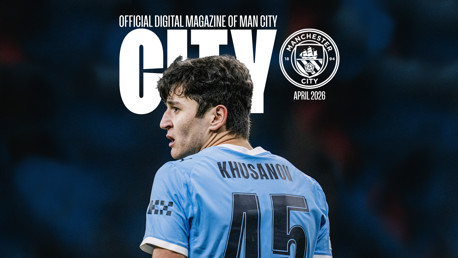 Cover of Manchester City's official digital magazine showing a player wearing a Man City jersey with 'KHUSANOV' and number 45, alongside the Manchester City logo and text 'April 2026'.