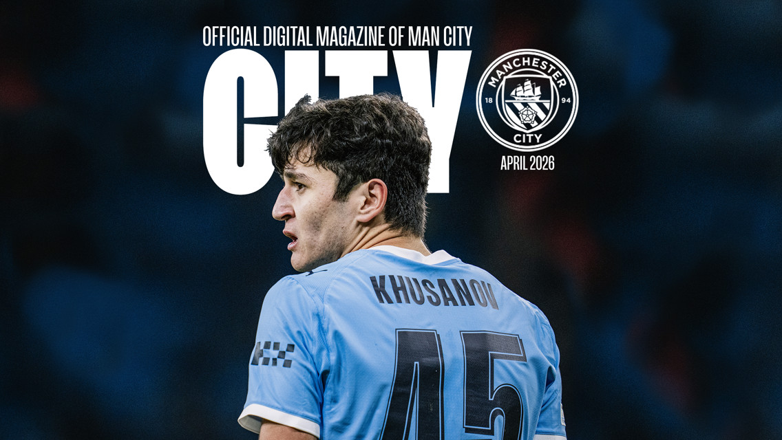 Cover of Manchester City's official digital magazine showing a player wearing a Man City jersey with 'KHUSANOV' and number 45, alongside the Manchester City logo and text 'April 2026'.