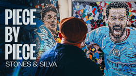 A person observes mosaic artwork depicting football players in blue jerseys with text reading 'Piece by Piece Stones & Silva'.