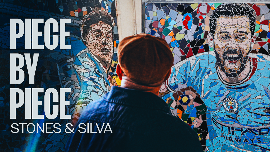 A person observes mosaic artwork depicting football players in blue jerseys with text reading 'Piece by Piece Stones & Silva'.