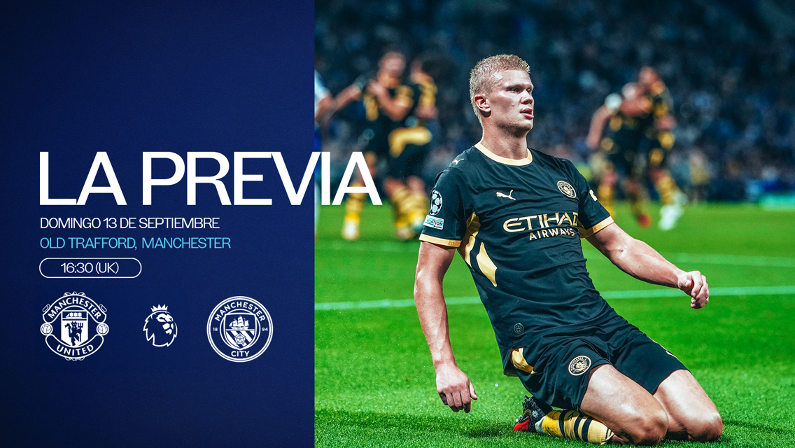 Event poster for Manchester Derby match on 13 September at Old Trafford, featuring a player in an Etihad Airways Manchester City kit and team logos.