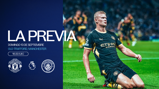 Event poster for Manchester Derby match on 13 September at Old Trafford, featuring a player in an Etihad Airways Manchester City kit and team logos.