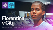 Image promoting a football match between Fiorentina and Manchester City. Scheduled for Saturday, August 8, 2026, at 19:00 UK time. Includes club logos and a player portrait.