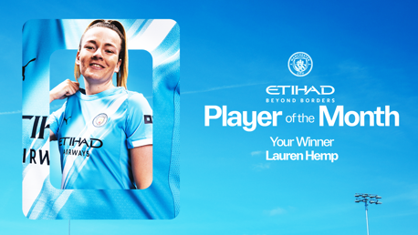 Manchester City Player of the Month award featuring Lauren Hemp as the winner. The image includes Manchester City branding, Etihad Airways, and Puma logos on the player's jersey.