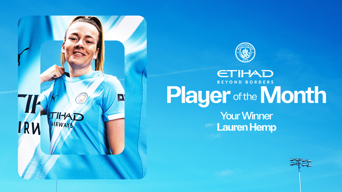 Manchester City Player of the Month award featuring Lauren Hemp as the winner. The image includes Manchester City branding, Etihad Airways, and Puma logos on the player's jersey.