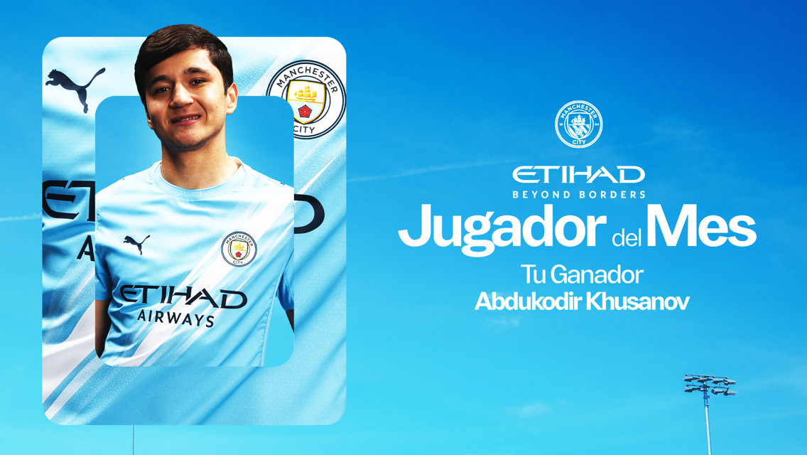 Manchester City player wearing team jersey featured in 'Jugador del Mes' graphic by Etihad Airways.