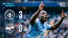 Manchester City won against Brentford with a score of 3-0. The image mentions Etihad sponsorship and 8-minute highlights.