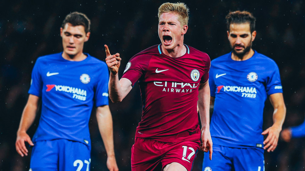 MEMORABLE MOMENT : The Belgian hit a stunning winner against Chelsea as we marched towards our first Premier League title under Guardiola.