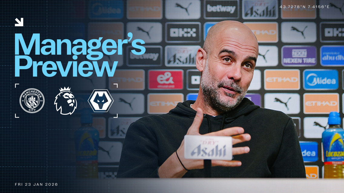 Graphic announcing a manager's preview for the Manchester City vs Wolves Premier League match on Friday, January 23, 2026, featuring logos and background with coordinates displayed.