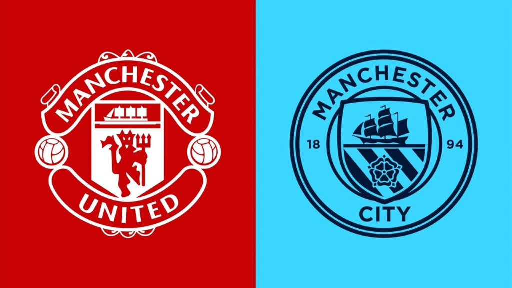 Manchester United and Manchester City logos side by side on red and blue backgrounds.