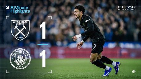 Graphic showing score 1-1 between West Ham United and Manchester City with player in action on the field. Features Etihad branding and '8 Minute Highlights' text.