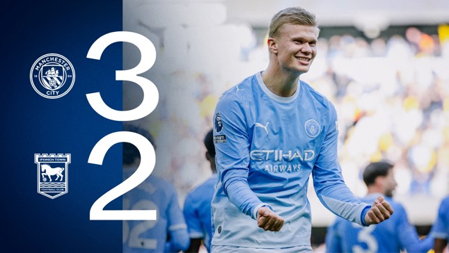 Graphic showing Manchester City's 3-2 victory over Ipswich Town with a player celebrating in a Manchester City jersey.