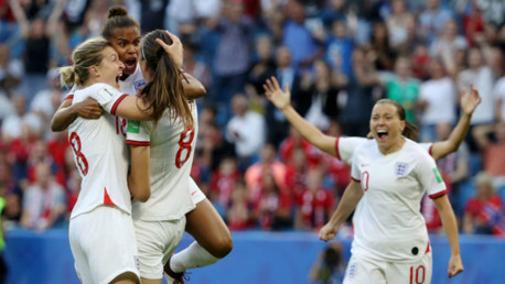 ROAR POWER: Nikita Parris and Ellen White salute Jill Scott after the City midfielder's sensational early strike for England