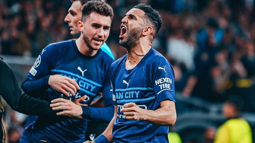 PASSION : Mahrez showing how much it means after scoring the opener at the Bernabeu in the Champions League semi-final clash against Real Madrid in May 2022.