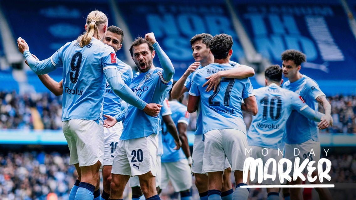 Manchester City players in light blue jerseys celebrate during a match at the Etihad Stadium. Faces are blurred, and the text 'Monday Marker' appears in the bottom right corner.
