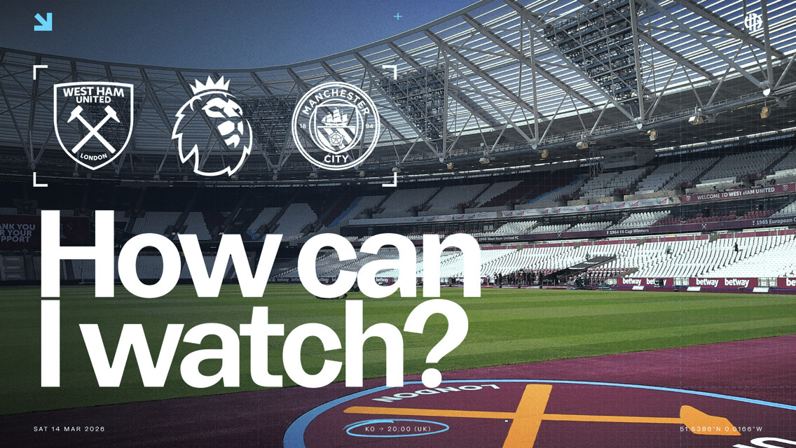 A promotional graphic with West Ham United and Manchester City logos for a Premier League match on Saturday, March 14, 2026, with kick-off at 20:00 (UK).