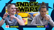 Manchester City's Laura Coombs and Hayley Raso do battle to decide if England or Australia have the best snacks