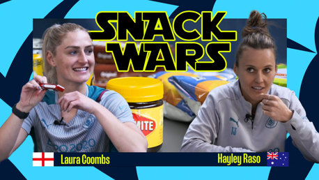 Manchester City's Laura Coombs and Hayley Raso do battle to decide if England or Australia have the best snacks