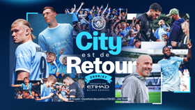 Promotional image for Manchester City's return for the 2026/27 season. Features players, fans, and the Joie Stadium. Includes branding for Etihad Airways and event details for August 13th.