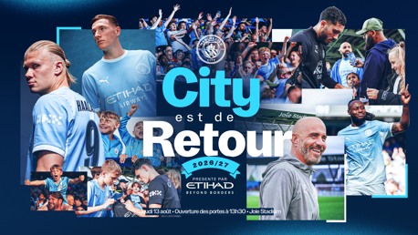 Promotional image for Manchester City's return for the 2026/27 season. Features players, fans, and the Joie Stadium. Includes branding for Etihad Airways and event details for August 13th.