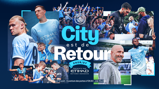 Promotional image for Manchester City's return for the 2026/27 season. Features players, fans, and the Joie Stadium. Includes branding for Etihad Airways and event details for August 13th.
