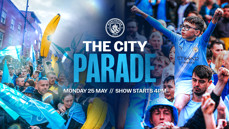 Manchester City parade event scheduled for Monday 25 May, starting at 4PM, featuring crowds celebrating with flags.