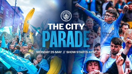 Manchester City parade event scheduled for Monday 25 May, starting at 4PM, featuring crowds celebrating with flags.