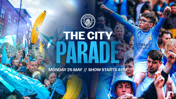 Manchester City parade event scheduled for Monday 25 May, starting at 4PM, featuring crowds celebrating with flags.