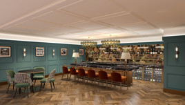 A stylish bar interior featuring teal paneling, a long marble counter with orange chairs, and decorative ceiling lights. Framed black and white photos adorn the walls, enhancing the sophisticated atmosphere.