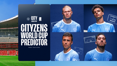 Promotional image for Cityzens World Cup Predictor featuring Manchester City players in light blue jerseys with stadium background.