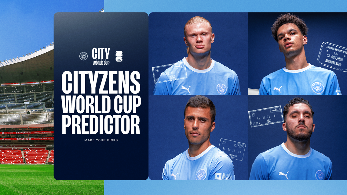 Promotional image for Cityzens World Cup Predictor featuring Manchester City players in light blue jerseys with stadium background.