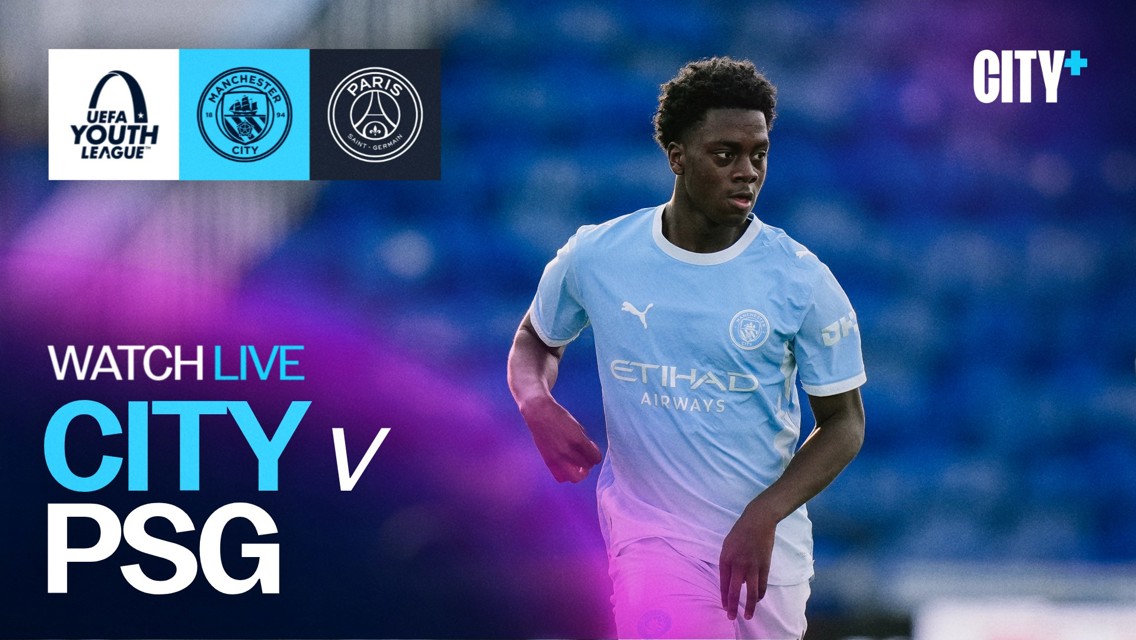 Promotional image for a UEFA Youth League match between Manchester City and Paris Saint-Germain. A Manchester City player in a light blue kit is featured. Logos of UEFA Youth League, Manchester City, and PSG are displayed.
