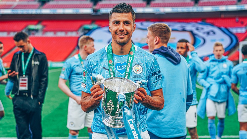 DOUBLING UP : It’s another Carabao Cup for Rodri after success over Tottenham in April 2021.