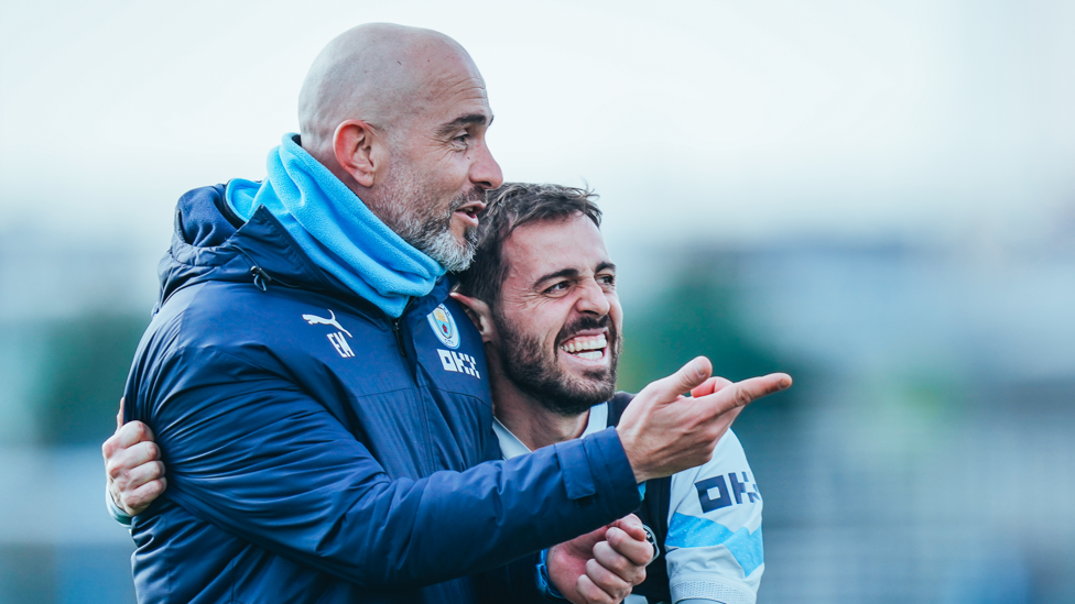 BIG HUGS : Enzo Maresca shares a joke with Bernardo