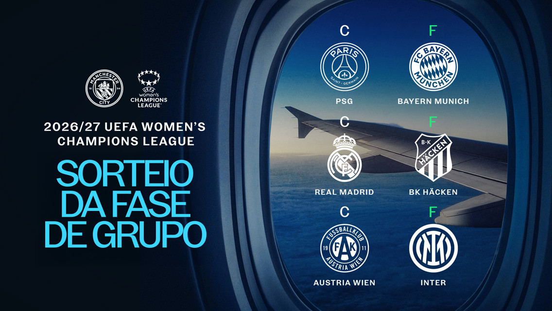 The image shows the group stage draw for the 2026/27 UEFA Women's Champions League, featuring logos of PSG, Real Madrid, Austria Wien, Bayern Munich, BK Häcken, and Inter.