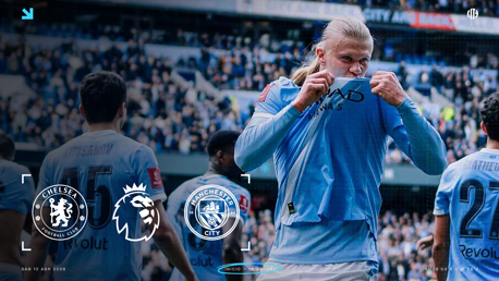 Football match between Chelsea FC and Manchester City with logos and Premier League icon. Date: 12 April 2026.