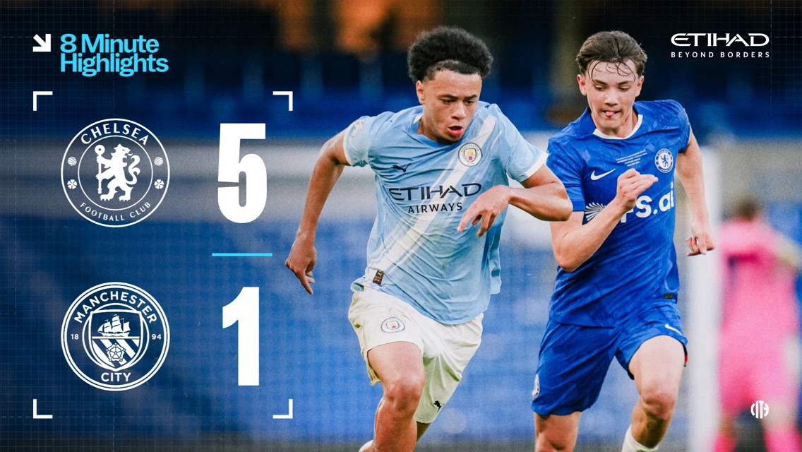 Image showing a football match result graphic. Chelsea Football Club defeated Manchester City with a score of 5-1. Two players are seen in action, one in a Chelsea uniform and the other in a Manchester City uniform.
