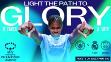 Promotional image for UEFA Women's Champions League featuring Manchester City vs Paris Saint-Germain with match dates and ticket information.