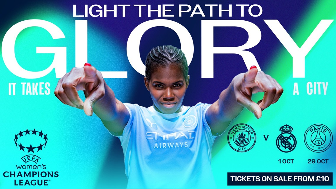 Promotional image for UEFA Women's Champions League featuring Manchester City vs Paris Saint-Germain with match dates and ticket information.