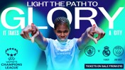 Promotional image for UEFA Women's Champions League featuring Manchester City vs Paris Saint-Germain with match dates and ticket information.