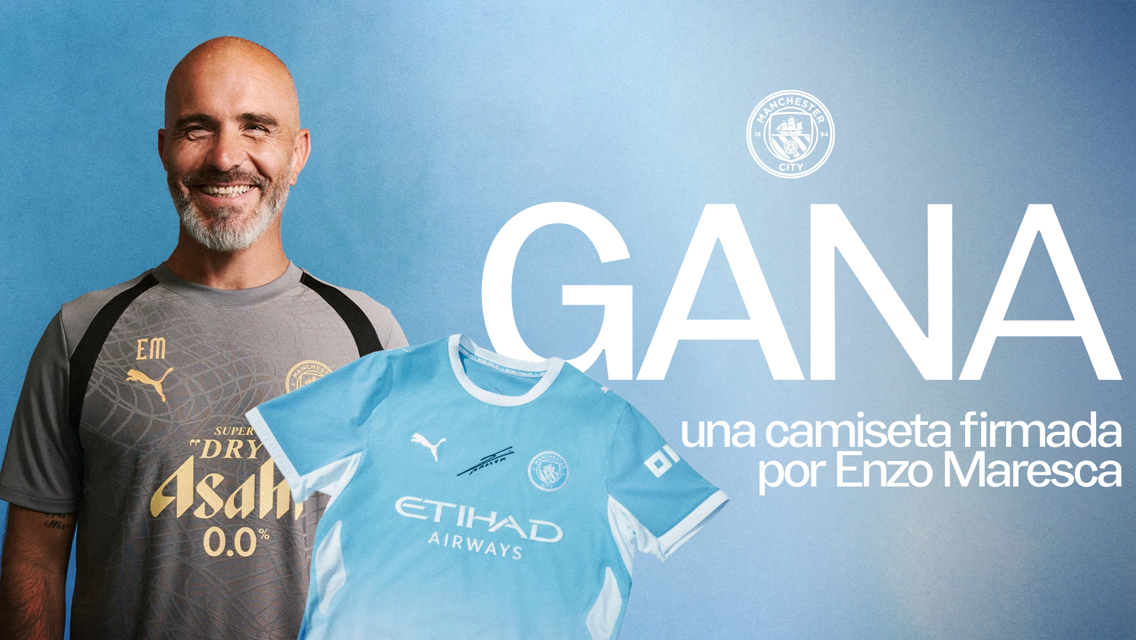 Promotion for a chance to win a Manchester City jersey signed by Enzo Maresca. Features a person with initials 'EM' on their shirt and a Manchester City jersey highlighted against a blue background.