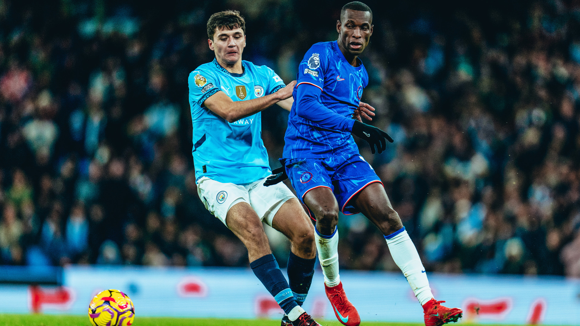 CLOSE QUARTERS: City debutant Abdulkodir Khusanov tussles with Nicolas Jackson