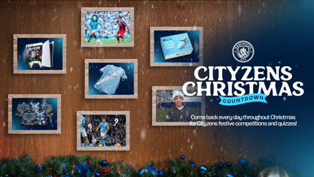 Manchester City's Cityzens Christmas Countdown poster with six framed images including game merchandise, a jersey, and a blurred player, set against a wooden background with snow and the club logo.