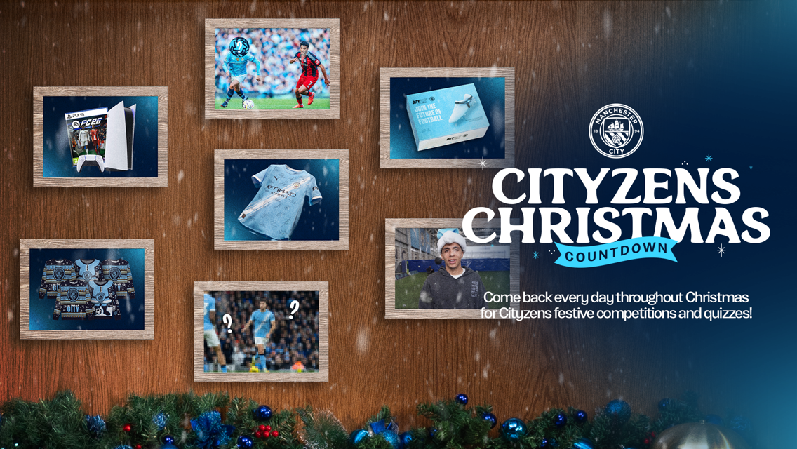 Manchester City's Cityzens Christmas Countdown poster with six framed images including game merchandise, a jersey, and a blurred player, set against a wooden background with snow and the club logo.