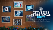 Manchester City's Cityzens Christmas Countdown poster with six framed images including game merchandise, a jersey, and a blurred player, set against a wooden background with snow and the club logo.