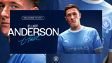 Graphic welcoming Elliot Anderson to Manchester City, featuring him in the team's kit and club logos.