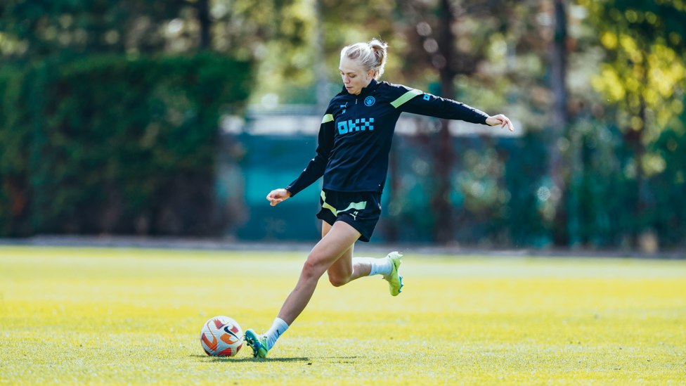 LONG BALL : Esme Morgan puts her foot through the ball