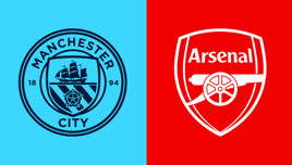 Logos of Manchester City and Arsenal football clubs side by side on a blue and red background respectively.