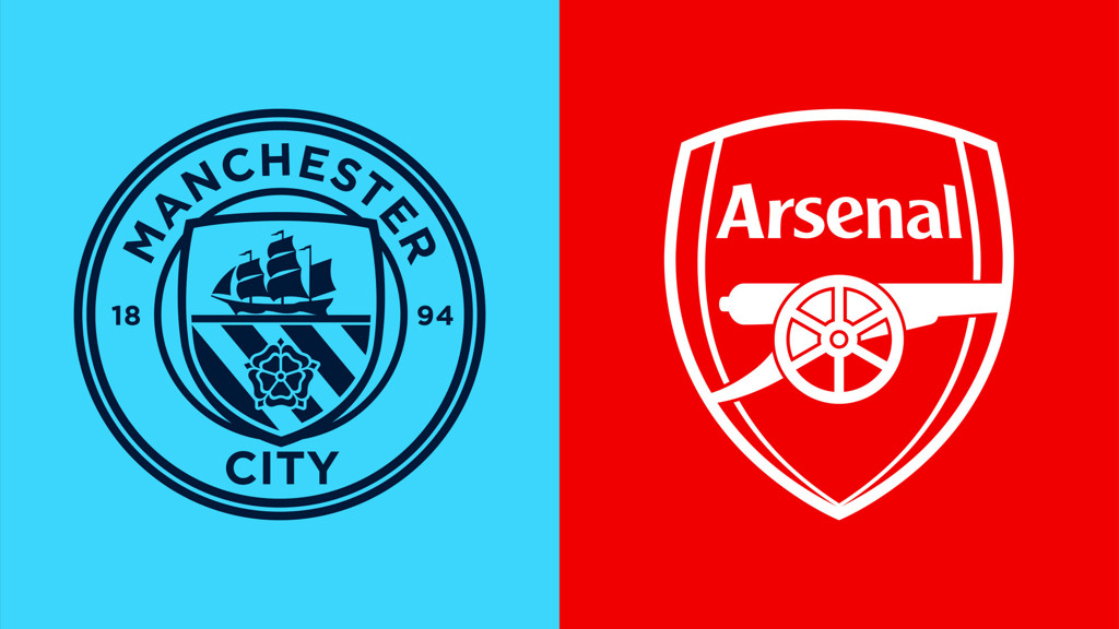 Logos of Manchester City and Arsenal football clubs side by side on a blue and red background respectively.